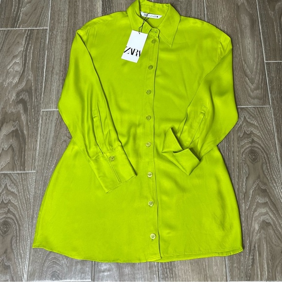 NWT Zara Lime Green Button-Down Shirt Dress - Women’s Size Large - Picture 1 of 9